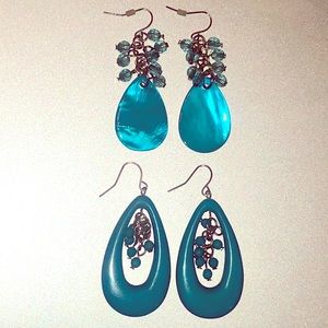 Two pairs of bright blue dangling, beaded earrings